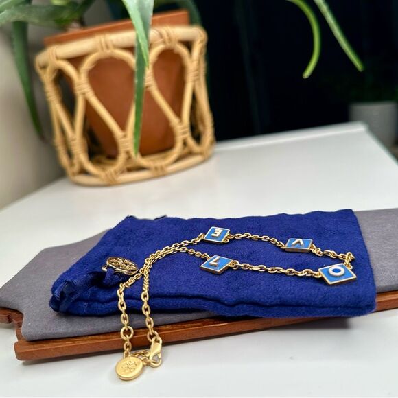 Tory Burch LOVE Necklace Gold Blue Enamel Letter Charms 18” Adjustable Chain - Picture 4 of 7